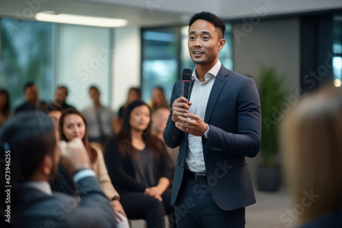 Black Asian Male Presenter Teaching Marketing Background Generative AI