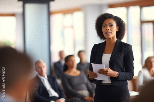 Black Female Business Person Speaking Corporate Backdrop Generative AI