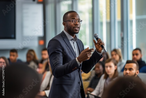 Black Male Sales Speaker Presenting Corporate Conference Generative AI
