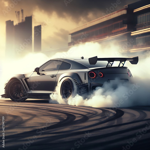 Photo luxury sport car drifting on city street racing car in smoke from burning tires generative ai