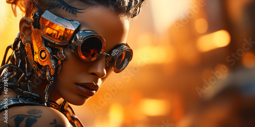 crazy cyborg girl with futuristic sunglasses and dreadlocks