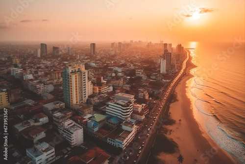 Sri Lanka Colombo metropolitan area. Sri Lanka drone view, Sri Lanka at sunset, aerial view, Drone photo of the beautiful sunrise view of downtown district and ocean beach of Colombo city.