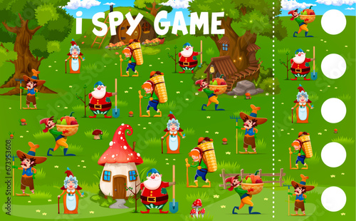 I spy game worksheet with cartoon fairytale funny gnomes at village, vector quiz for kids. Little gnomes or dwarf elf in forest or garden village for puzzle game to find and match same objects