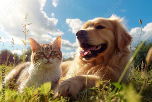 A cute couple of furry friends little cat and a mischievous little dog, are playing together in the garden on a beautiful sunny day, Friendship of pet concept.