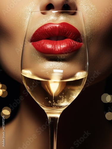 glamour portrait of a beautiful girl with a glass of tasty champagne at new year's party closeup