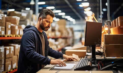 Focused Warehouse Operator Checks Inventory at Computer