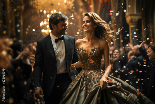 A dazzling couple dances joyously at a glamorous party, the woman in a sparkling gown, with confetti falling around them.