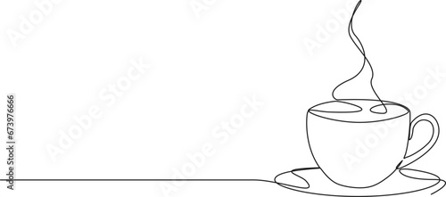 continuous single line drawing of cup with steaming hot coffee or tea, line art vector illustration