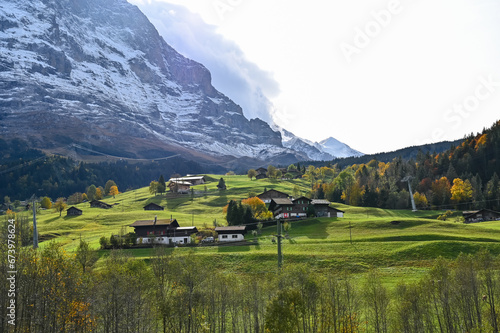 View of the Bernese Alps mountain range landscape near the Jungfrau, Grindelwald, Switzerland.