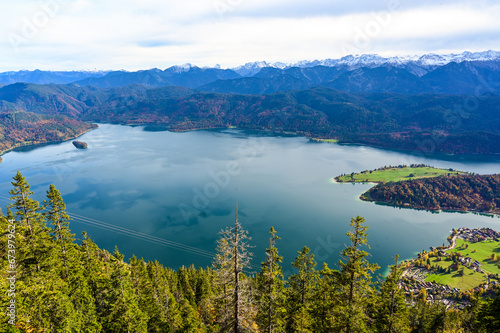 View from Mountain Herzogstand to Lake Walchensee, close to Kochel am See - Beautiful travel destination in Bavaria, Germany.