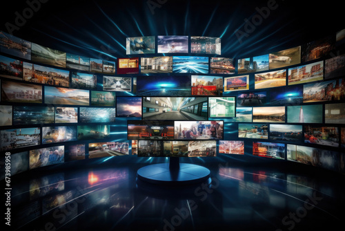 Lots of TV screens in a dark room. Television addiction. Manipulation of people with the help of mass media. Entertainment and streaming content consumption