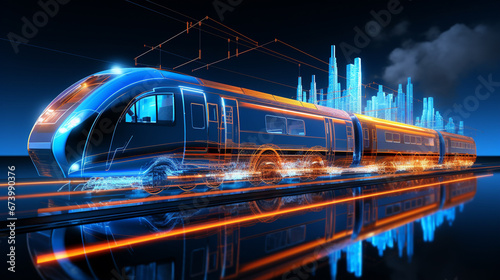 High speed train with blue glowing lines on dark background 3D rendering