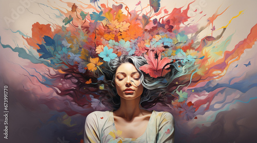 awareness of mental health, closed eyes woman profile with colorful paints and leaves flying around head