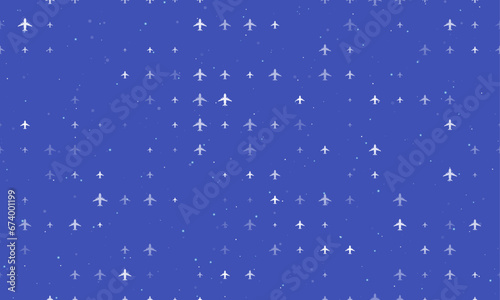 Seamless background pattern of evenly spaced white airplane symbols of different sizes and opacity. Vector illustration on indigo background with stars