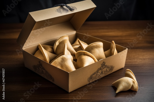 Paper box of American fortune cookies. Traditional treat with prediction, lucky numbers, aphorisms and phrases in Chinese