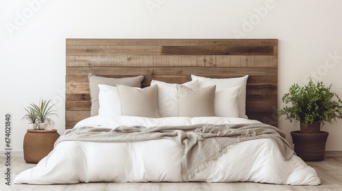 very elegant bed with rustic wooden backrest