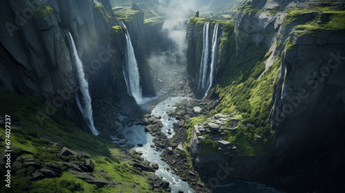 An aerial view of a majestic waterfall cascading down a rocky cliff face