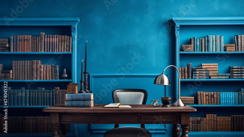 an eclectic study with a bright blue wall and a wooden desk and a bookcase filled with books