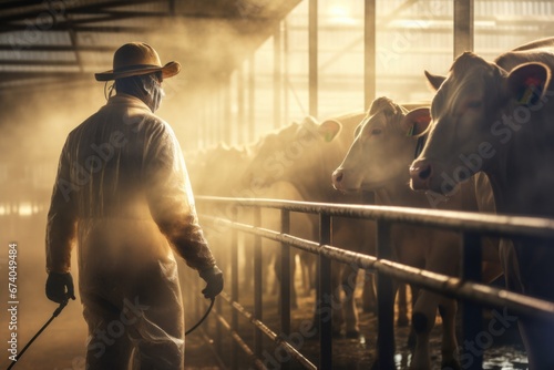 A man wearing a cowboy hat stands confidently next to a large herd of cattle. This image is perfect for illustrating the cowboy lifestyle and the vastness of the ranching industry.