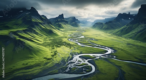 aerial view of river in iceland, in the style of futurist claims