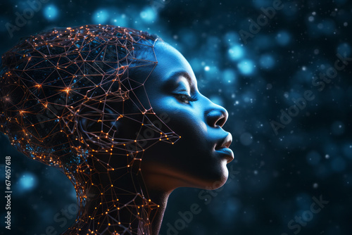 Side profile of human woman face on dark background illuminated by glowing neon network nodes and interconnected pathways. Artificial intelligence concept