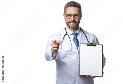internist with prescription isolated on white, advertisement.