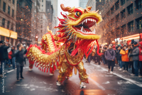 a lively Chinese New Year parade in a bustling city, featuring colorful dragon dances and traditional decorations