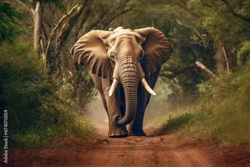 A powerful elephant walking gracefully through the African savanna in a national wildlife reserve, showcasing the majestic beauty of these gentle giants.