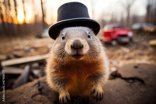 Groundhog Day. February 2nd, Punxsutawney Phil, hat, happy and smiling. folklore, superstition, weather forecasting, symbol of anticipation for changing seasons. banner, greeting card, copy space.