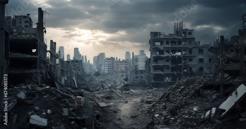 destroyed city, house explosions, burned city street, Smoke rise, bombed destroyed buildings, Apocalyptic view,