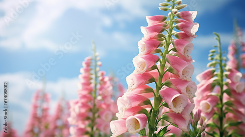 Closeup of colorful blooming foxglove flowers in front of cloudy blue sky