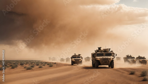 A military convoy of armored vehicles moving through a desert region with a dust storm looming in the background.