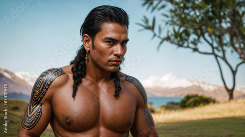 A man Maori with tattoos standing outside.