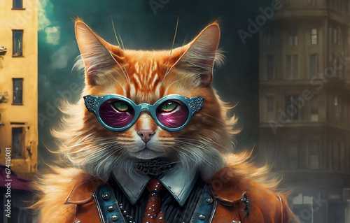 illustration d'un chat au pelage roux portant des lunettes et une attitude punk rock sur un fond de décor d'une ville la nuit