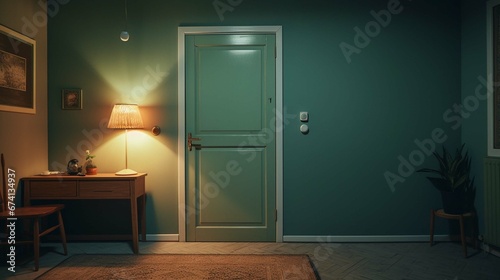 Cozy scandinavian interior style hallway with mint green entrance door at night with lamp turned on, illuminated with the colors of the rainbow photography ::10 , 8k, 8k render