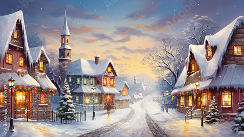 winter silent night with nobody on vintage town street, contemporary painting style art, Generative Ai