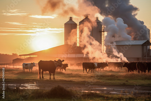 Methane from Agriculture. Industrial livestock cattle farm, with the fading sunlight highlighting the methane-rich emissions rising from the expansive cattle herds.