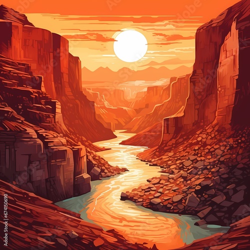 Highly detailed and colorful Illustration of a canyon at sunset with the sun in the centre and red hue setting on the cliffs