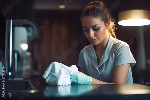 A woman in a maid uniform at work, cleaning a hotel room