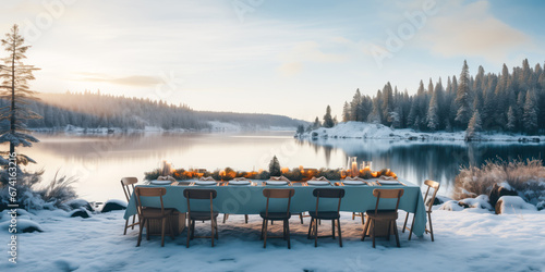 Winter outdoor dinner table setting on a lake, snow, cold, wide, winter holiday season, tablescape