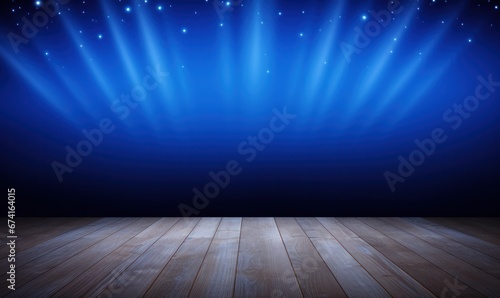 Blue stage background with spotlights and wooden floor. illustration.