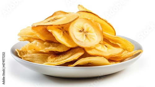 Banana chips in a plate on a white background
