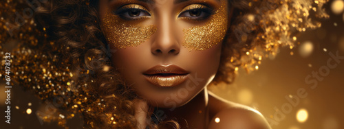Banner of Young woman with golden stylish glitter makeup on golden sparkling background.