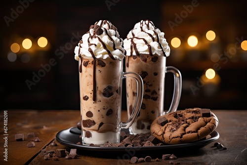 A milkshake made with chocolate cookies and served in tall mugs, topped with whipped cream infused with chocolate.
