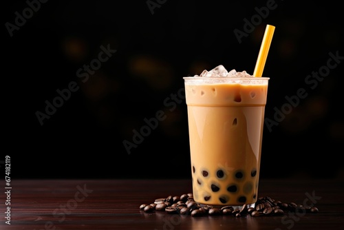 Boba or tapioca pearls refer to a Taiwanese beverage known as bubble milk tea, which is served in a plastic cup with a coffee latte flavor and is presented against a textured background.