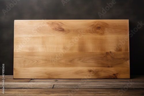 Minimalistic limbo background with new wooden cutting board on top of rectangular wooden table