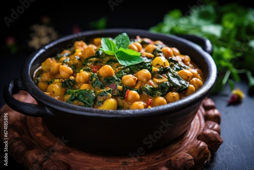 Spicy Moroccan chickpea stew with spinach arranged on flat surface