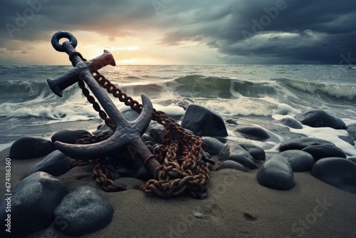 Stormy beach with old anchor