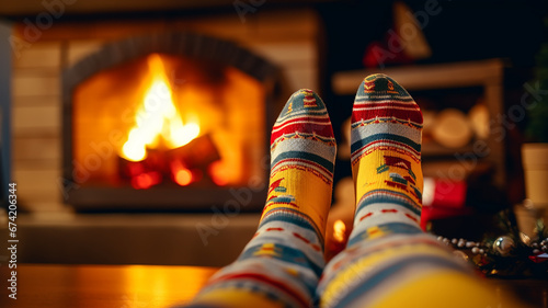 feet in striped knitted multicolored socks in front of a cozy fireplace on Christmas Eve, a warm winter evening at home