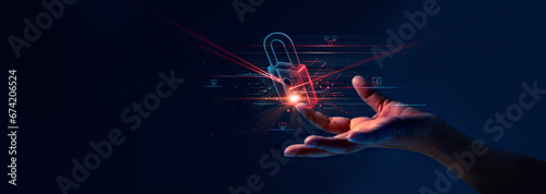 Cyber security, Hand hold digital padlock, Login verified identity credentials on network of data protection technology.Online internet authorized access against cyber attack and business data privacy